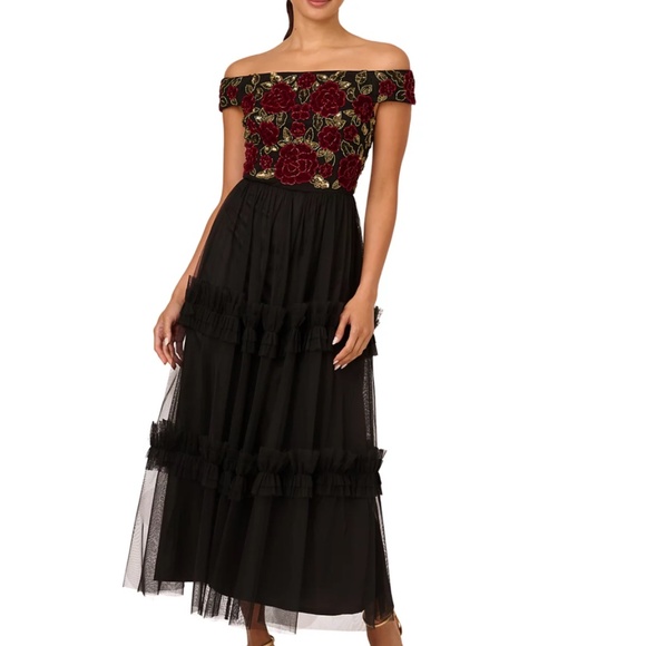 Adrianna Papell - Rose Beaded Velvet Tulle Fit & Flare Dress - Picture 1 of 13